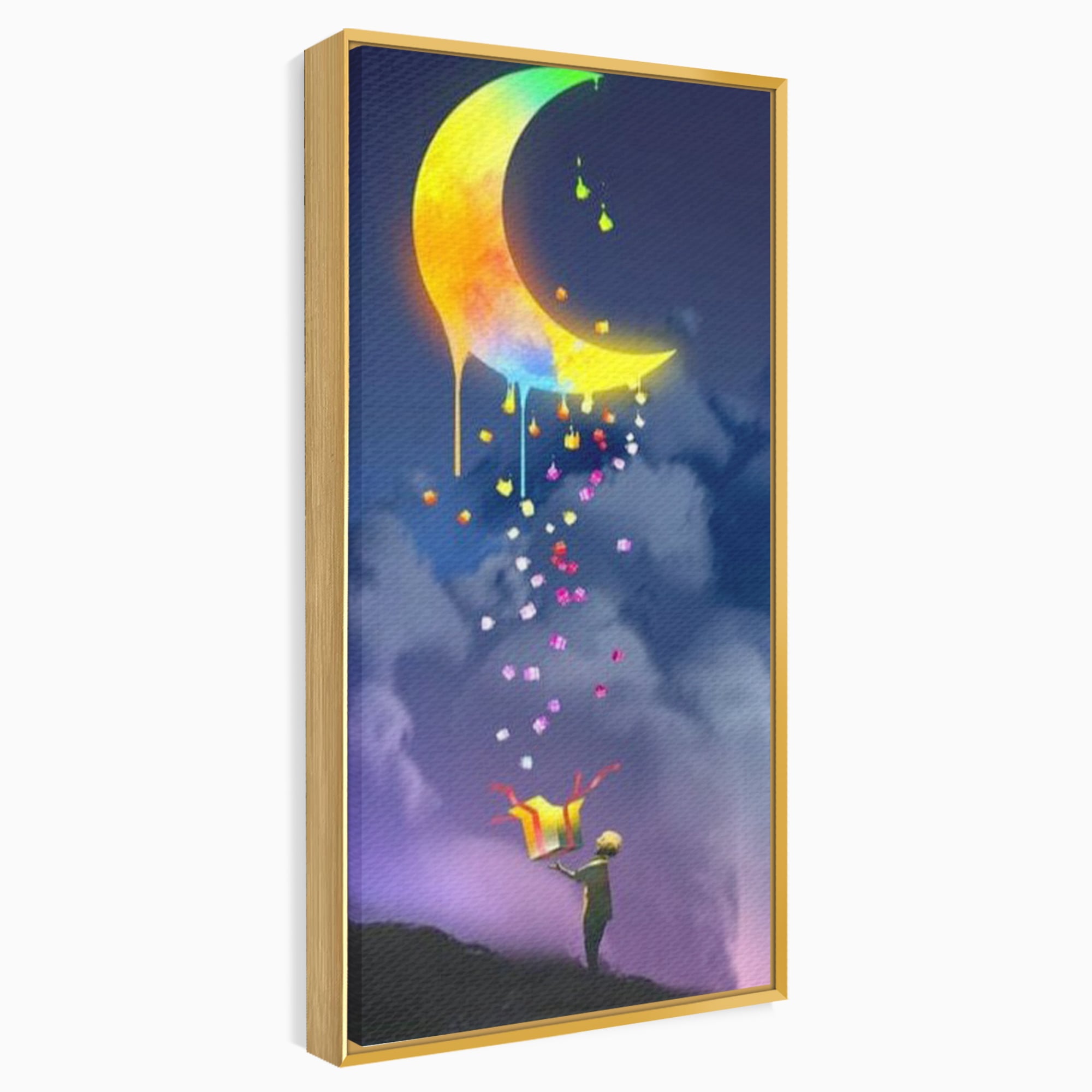 Tablou canvas cu ilustratie cu copil si luna curcubeu, in rama de aluminiu auriu